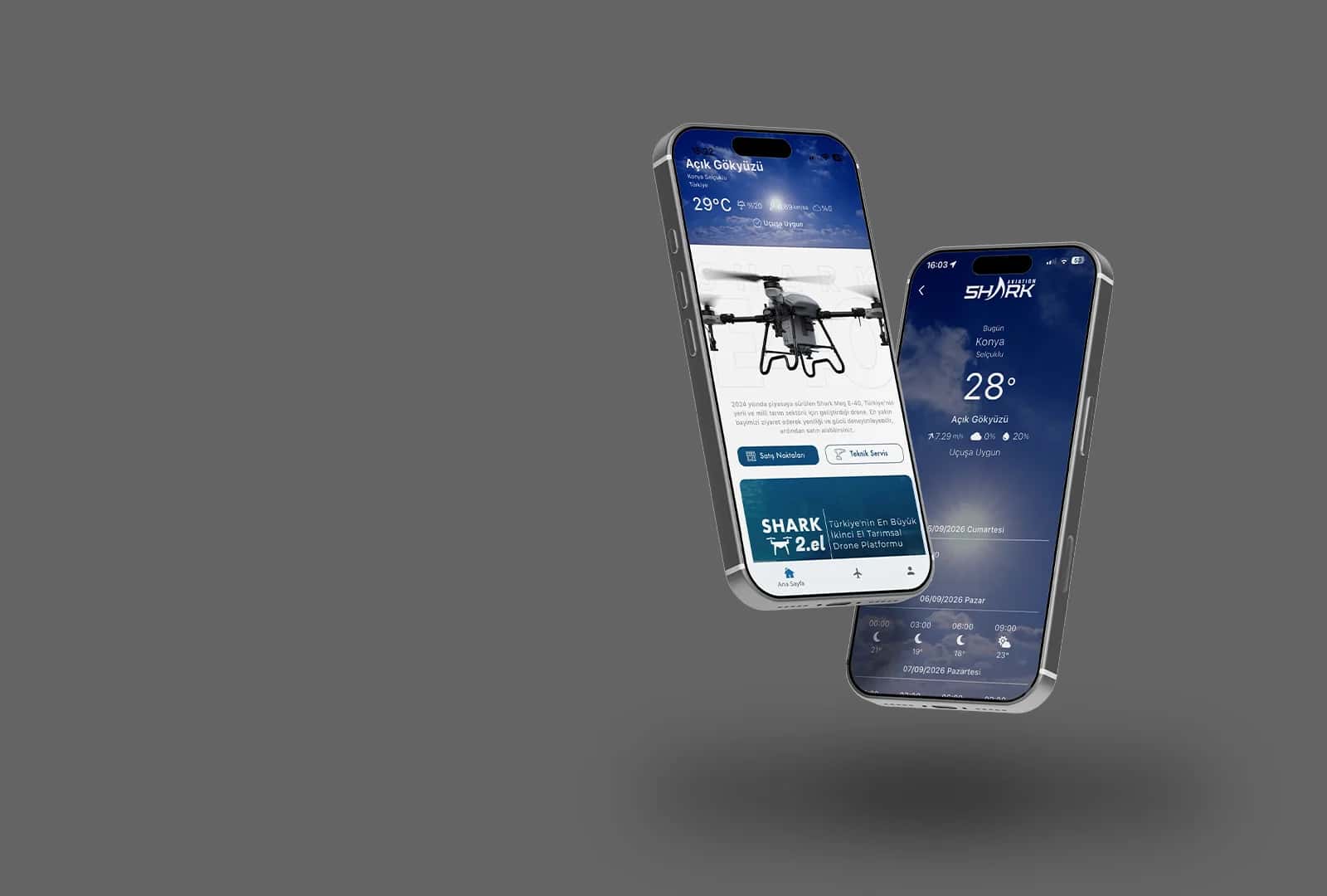 Shark Agro app on two phones showing the home dashboard and flight weather screens