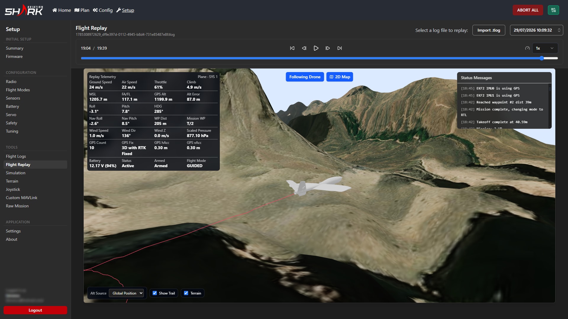 Shark GCS post-flight analysis interface showing telemetry graphs and 3D replay