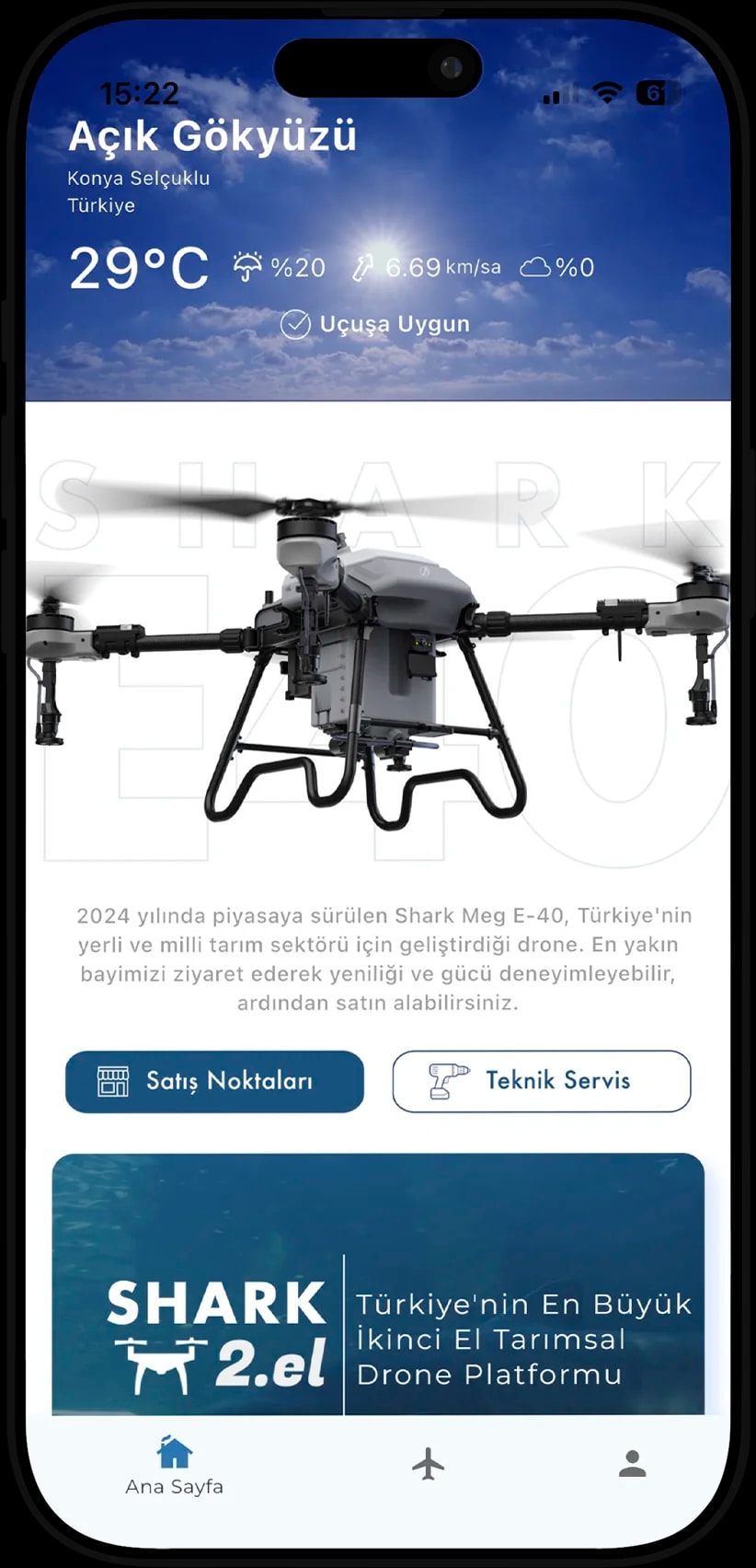 Shark Agro home screen with weather summary, drone services, and used-drone marketplace entry
