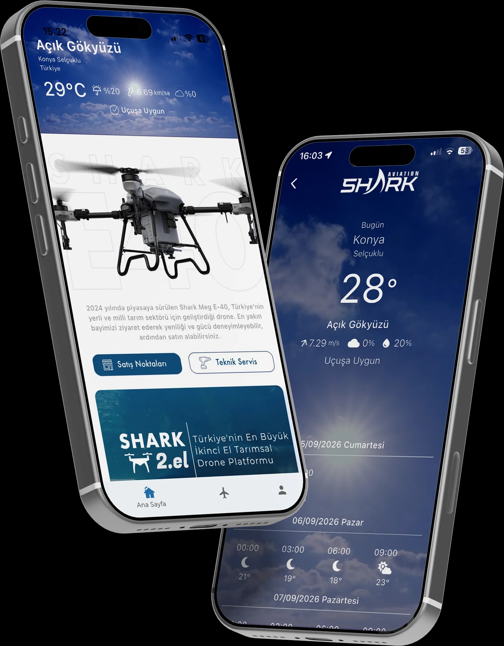 Shark Agro app on two phones showing the home dashboard and flight weather screens