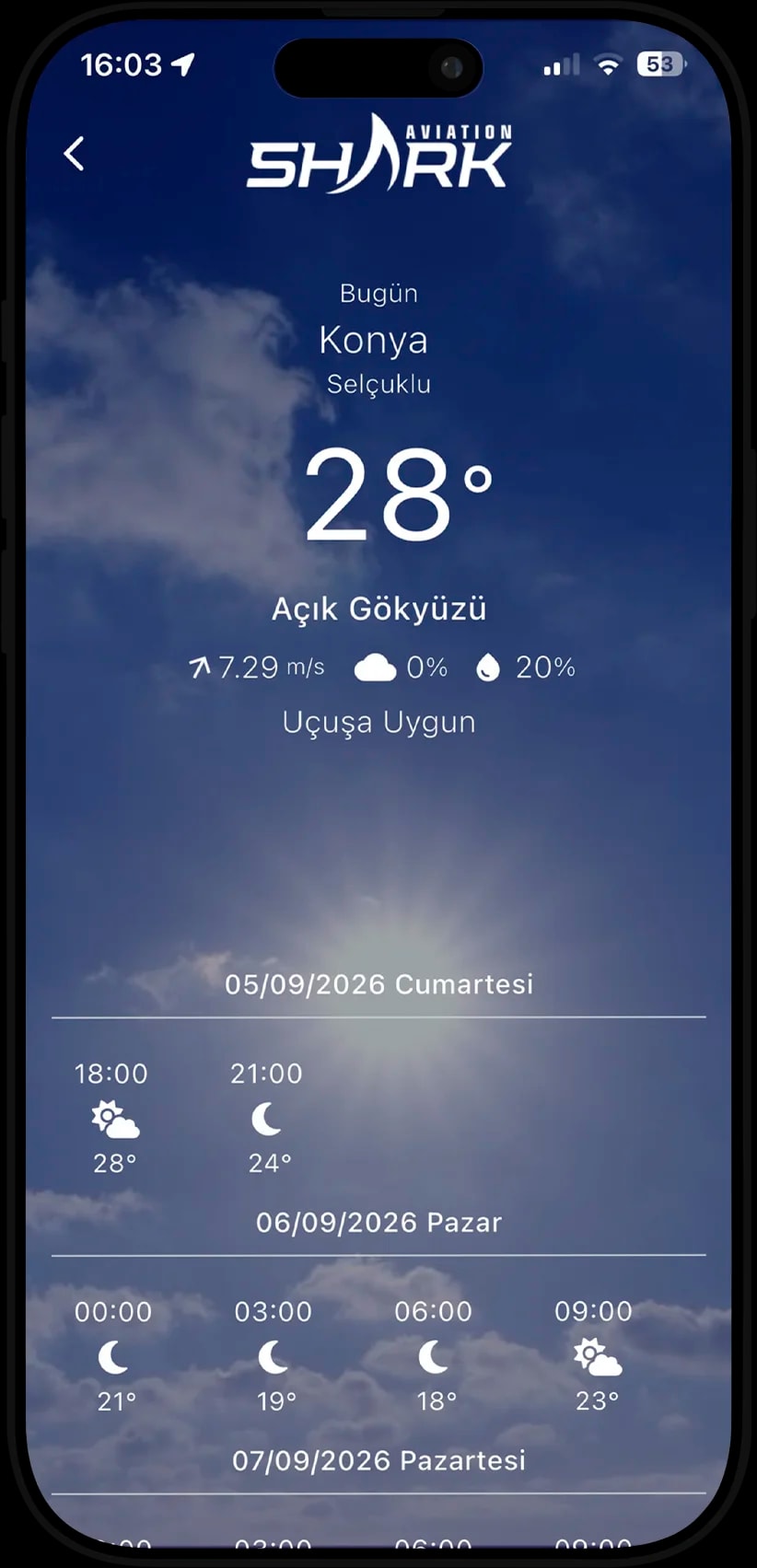 Shark Agro flight weather screen with location temperature, wind, and hourly forecast