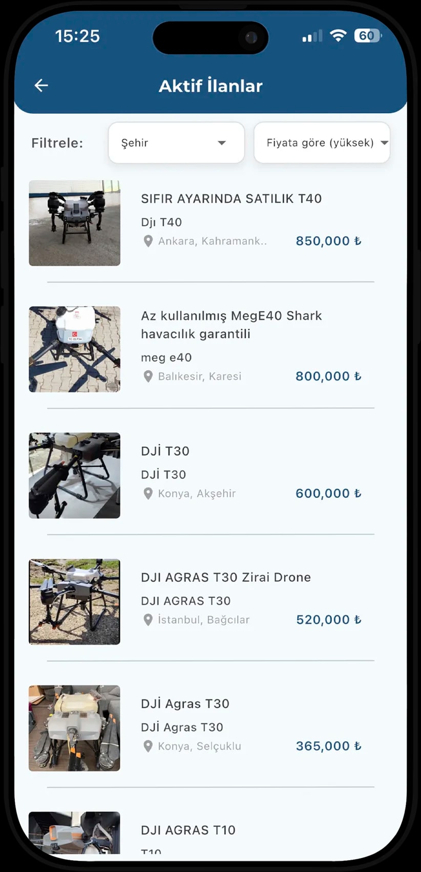 Shark Agro used-drone listings with filters, locations, and prices