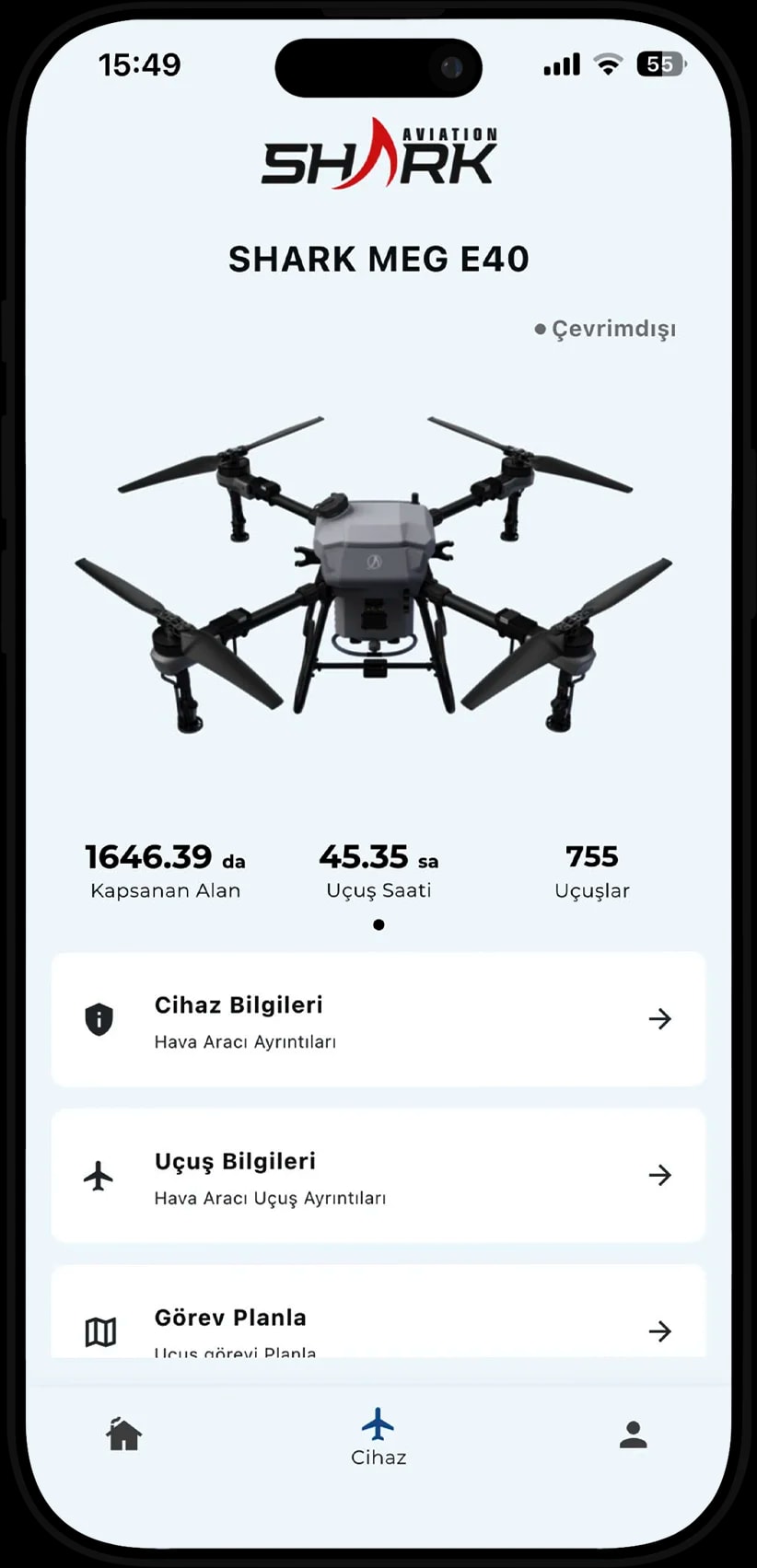 Shark Agro aircraft screen showing a registered drone, sprayed area, and flight statistics