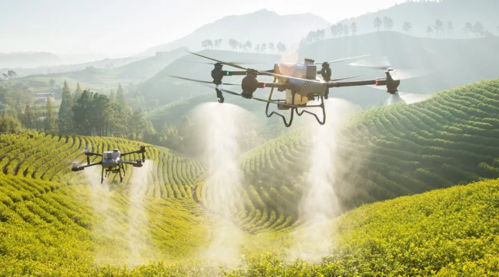 Tarım arazisinde uçan drone, bitki sağlığı ve verim takibi yapan tarım drone’u.